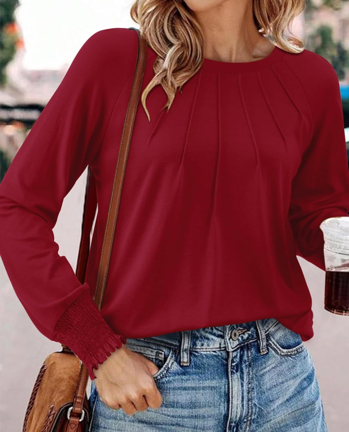 Women'S 2024 Fall Long Sleeve Tops Crewneck Pleated Shirts Puff Sleeve Loose Fitting Tunic Blouse Cute Tee