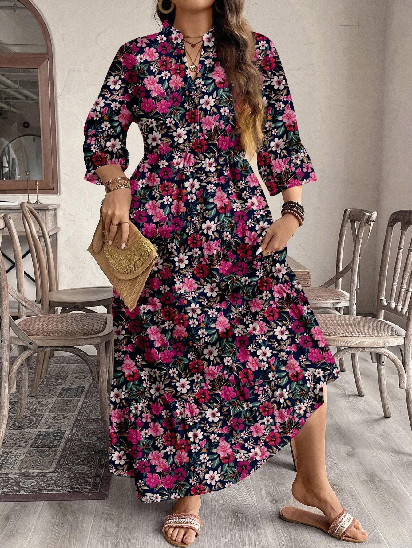 EMERY ROSE plus Size Women Casual Elegant Boho Style Floral Print Long Dress, Suitable for Autumn & Winter