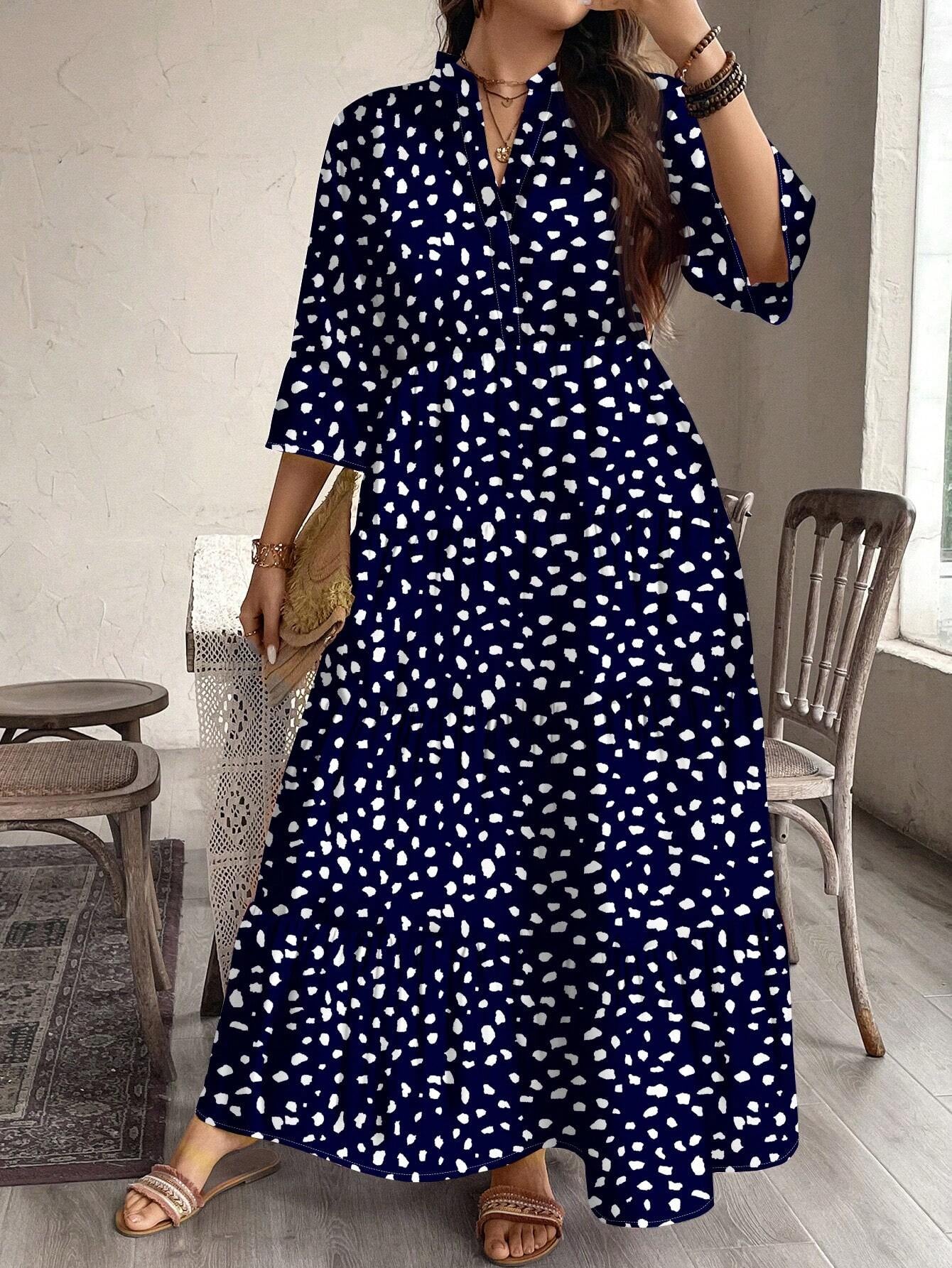 EMERY ROSE plus Size Women Casual Elegant Boho Style Floral Print Long Dress, Suitable for Autumn & Winter