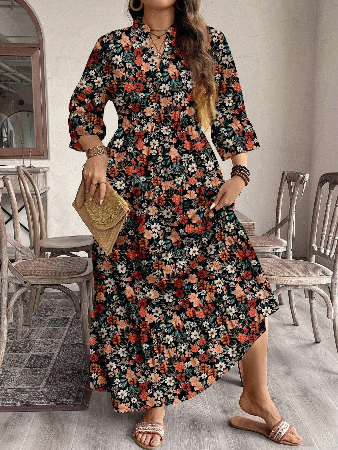 EMERY ROSE plus Size Women Casual Elegant Boho Style Floral Print Long Dress, Suitable for Autumn & Winter