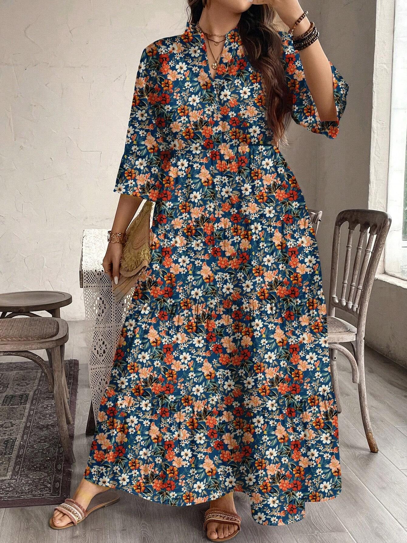 EMERY ROSE plus Size Women Casual Elegant Boho Style Floral Print Long Dress, Suitable for Autumn & Winter