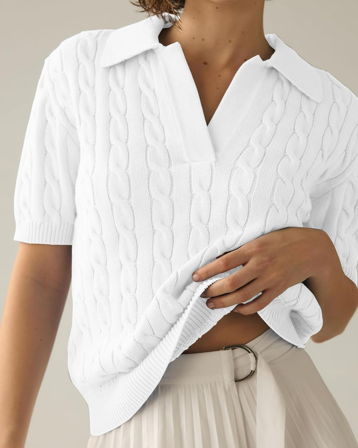 Women'S Cable Short Sleeve Sweaters Tops Solid Lapel V Neck Knit Casual Soft Pullover Shirt