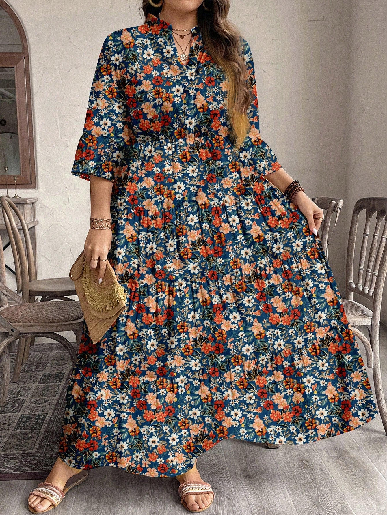 EMERY ROSE plus Size Women Casual Elegant Boho Style Floral Print Long Dress, Suitable for Autumn & Winter