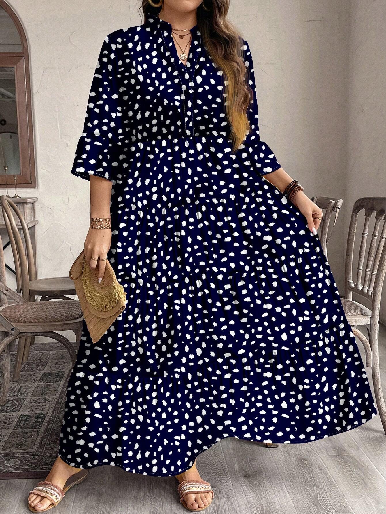 EMERY ROSE plus Size Women Casual Elegant Boho Style Floral Print Long Dress, Suitable for Autumn & Winter