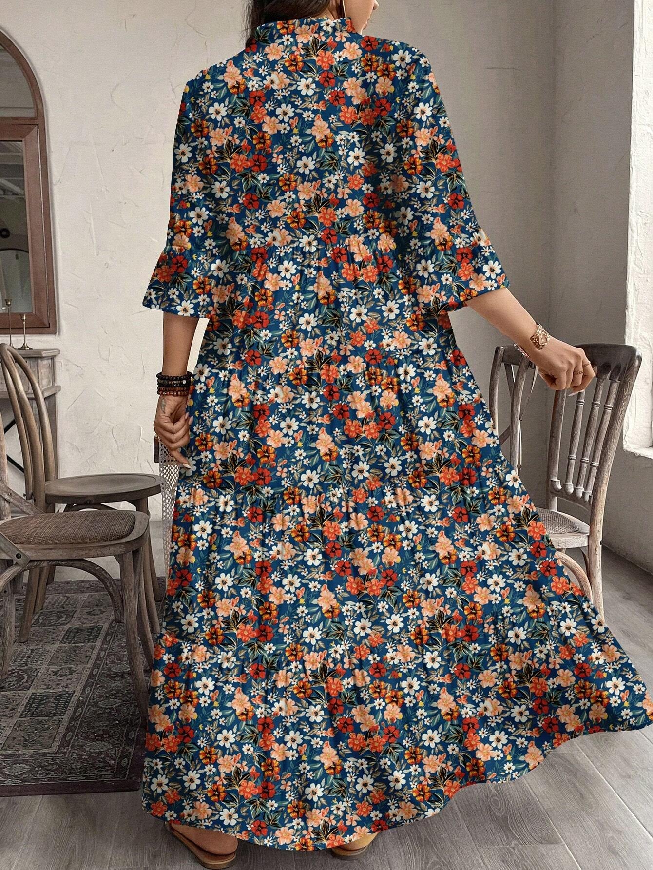 EMERY ROSE plus Size Women Casual Elegant Boho Style Floral Print Long Dress, Suitable for Autumn & Winter