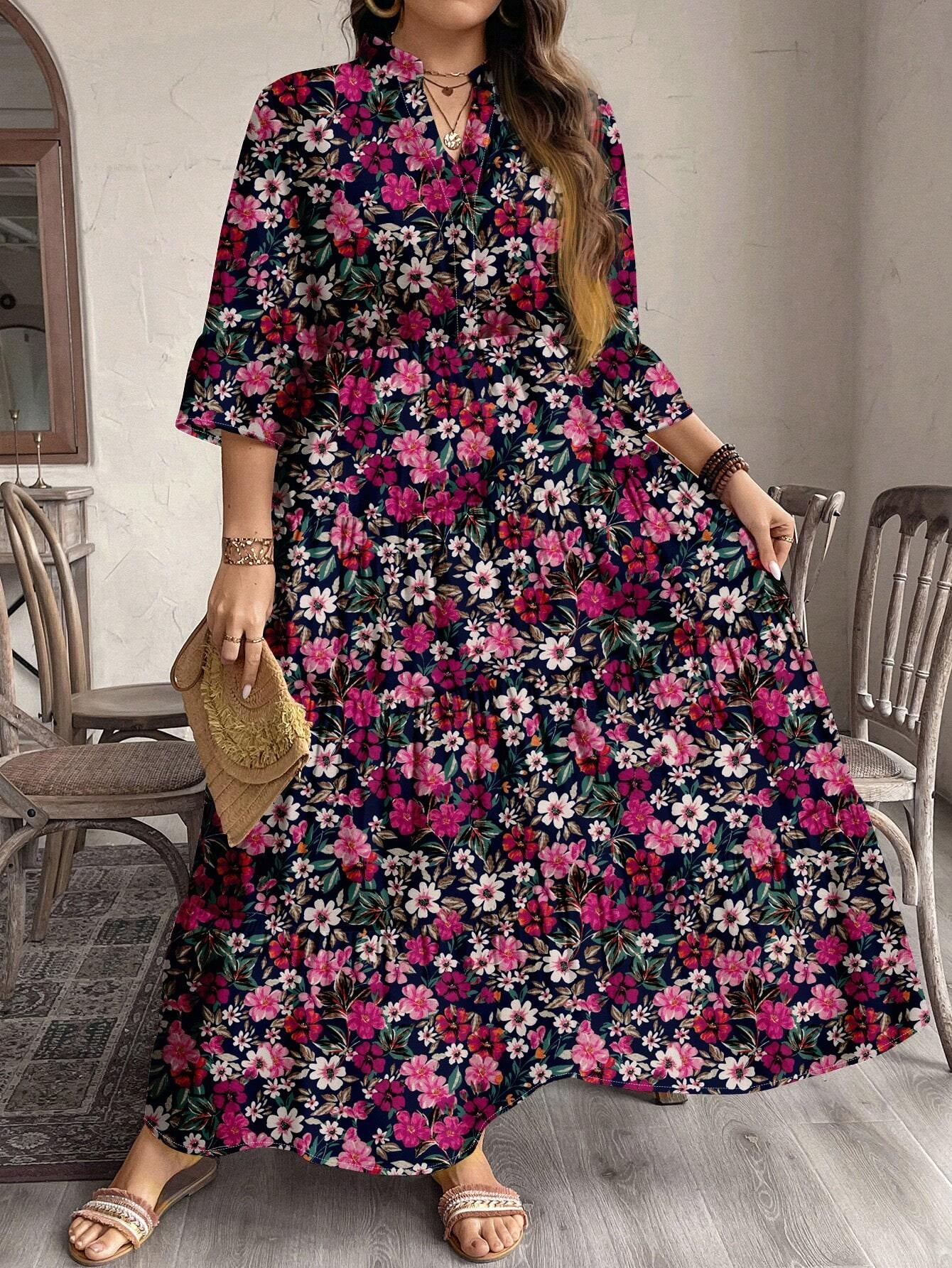EMERY ROSE plus Size Women Casual Elegant Boho Style Floral Print Long Dress, Suitable for Autumn & Winter