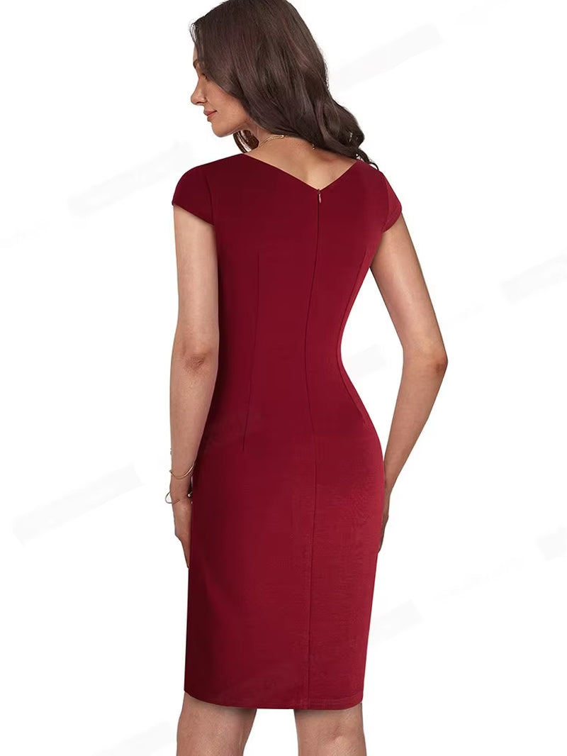 Nice-Forever Summer Women Elegant Front Split Office Plain Dresses Business Formal Vintage Bodycon Slim Dress B700