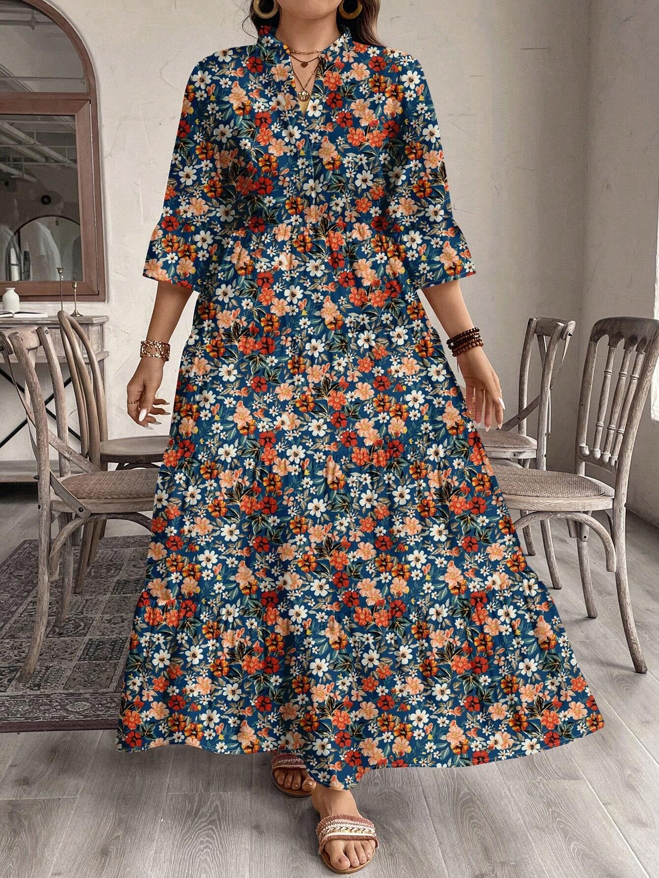EMERY ROSE plus Size Women Casual Elegant Boho Style Floral Print Long Dress, Suitable for Autumn & Winter