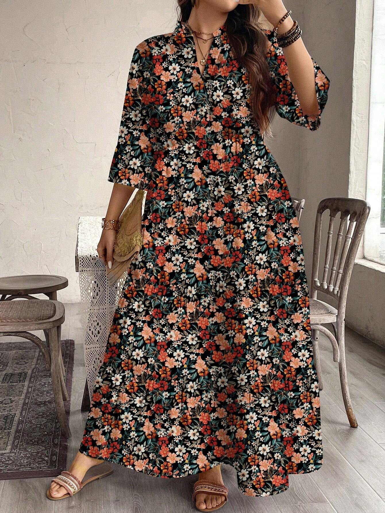 EMERY ROSE plus Size Women Casual Elegant Boho Style Floral Print Long Dress, Suitable for Autumn & Winter