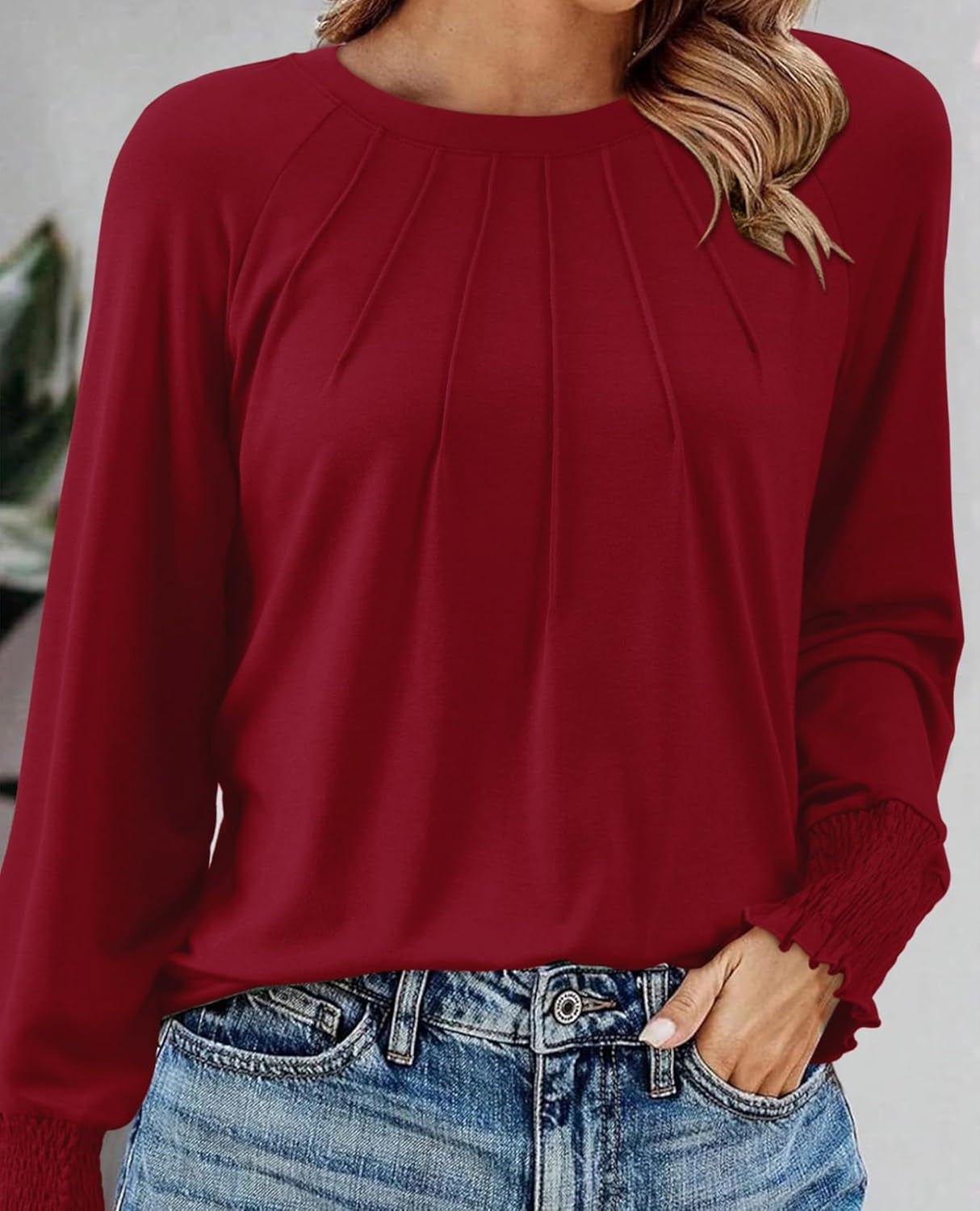 Women'S 2024 Fall Long Sleeve Tops Crewneck Pleated Shirts Puff Sleeve Loose Fitting Tunic Blouse Cute Tee