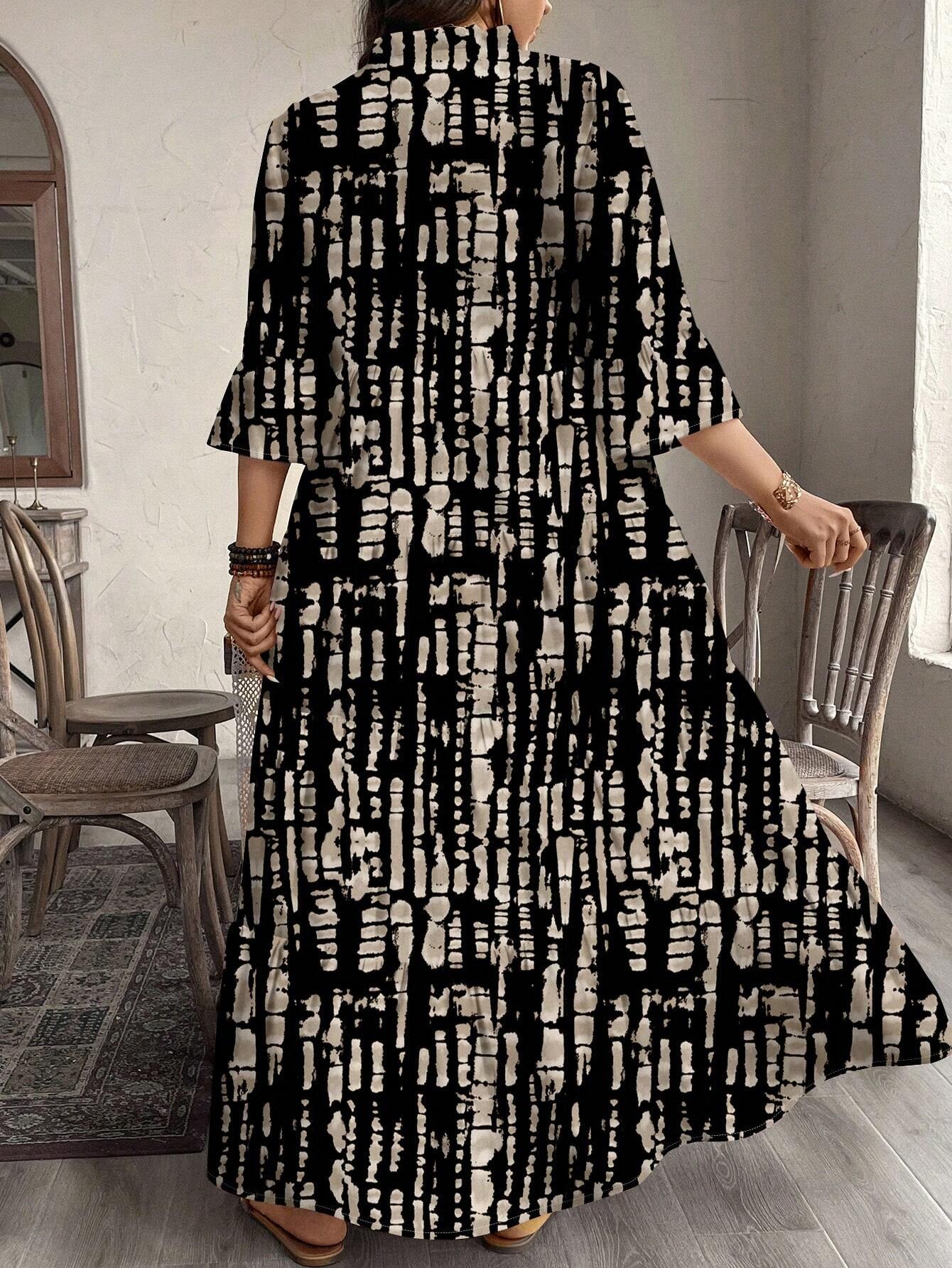 EMERY ROSE plus Size Women Casual Elegant Boho Style Floral Print Long Dress, Suitable for Autumn & Winter