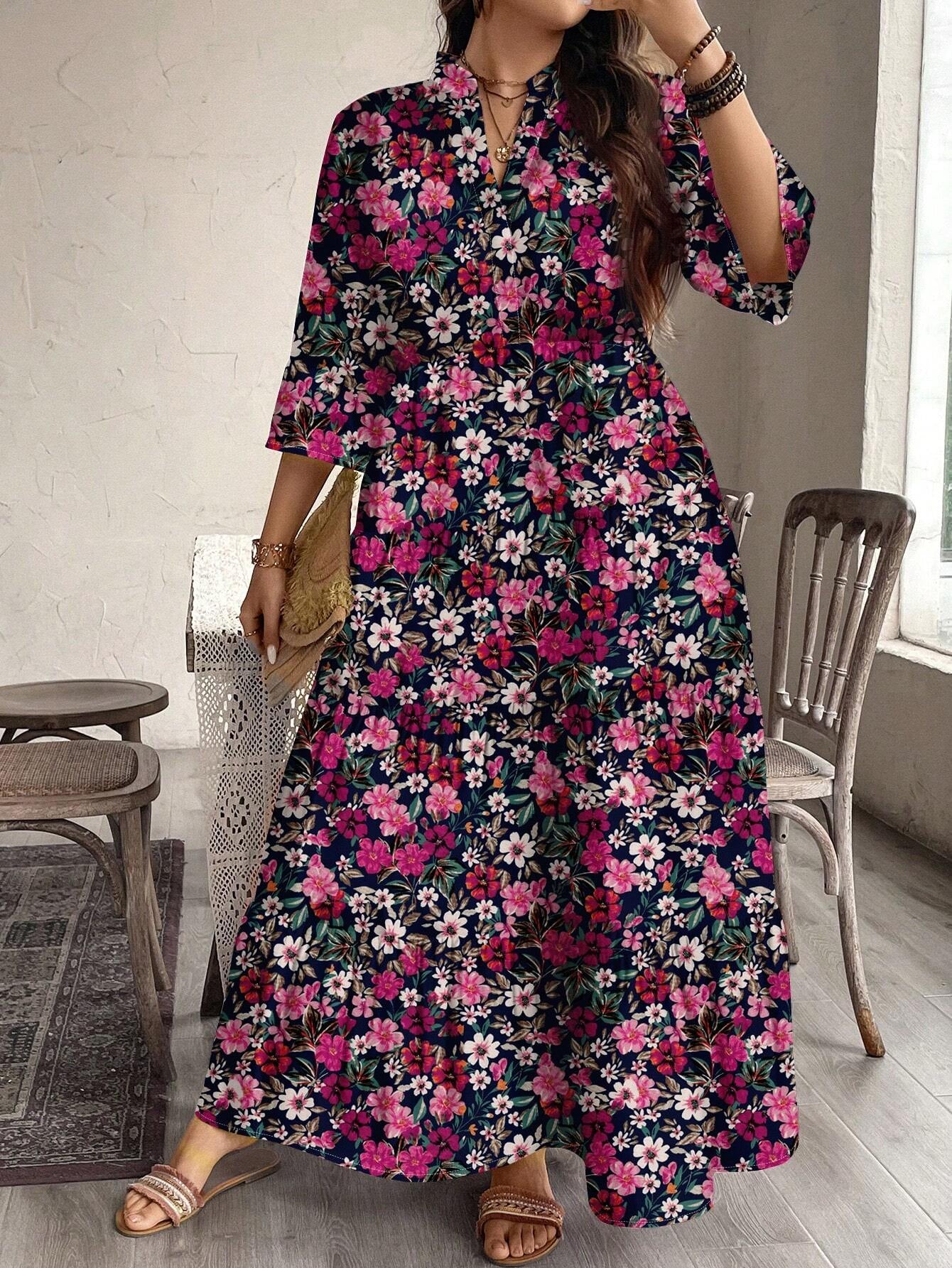 EMERY ROSE plus Size Women Casual Elegant Boho Style Floral Print Long Dress, Suitable for Autumn & Winter