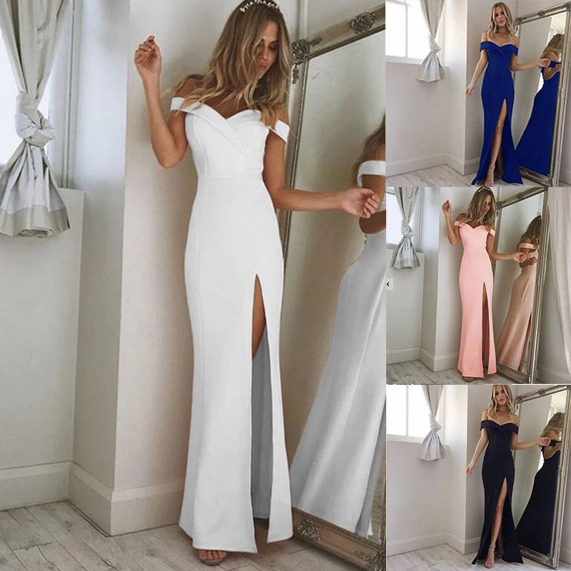 Women Split Bodycon Long Maxi Dress Party Wedding Prom Formal Elegant Solid White off Shoulder Sleeveless Bandage Cheap Clothes