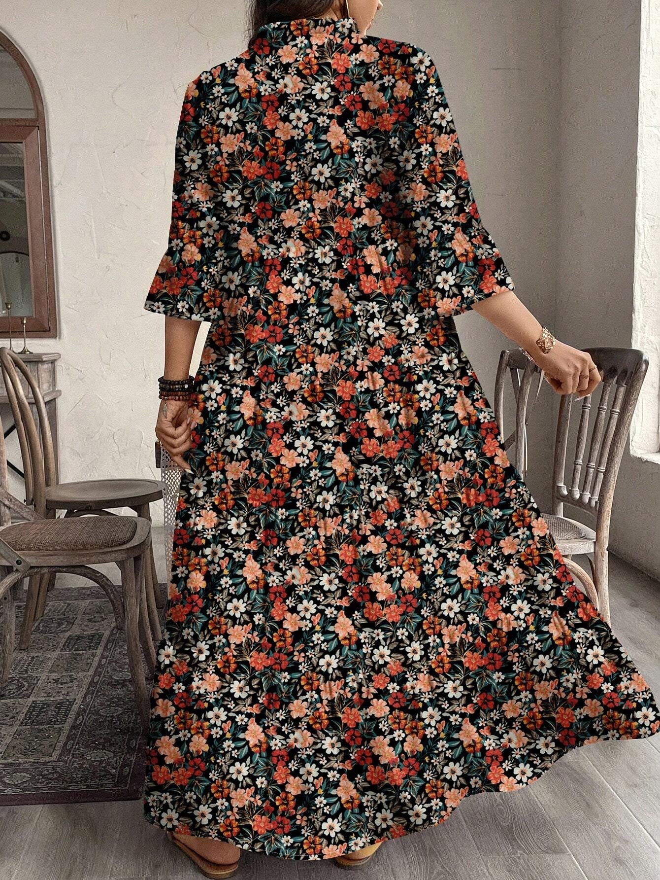 EMERY ROSE plus Size Women Casual Elegant Boho Style Floral Print Long Dress, Suitable for Autumn & Winter
