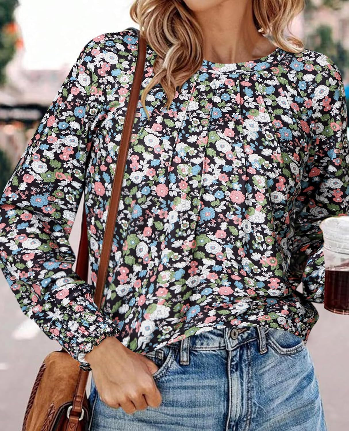 Women'S 2024 Fall Long Sleeve Tops Crewneck Pleated Shirts Puff Sleeve Loose Fitting Tunic Blouse Cute Tee