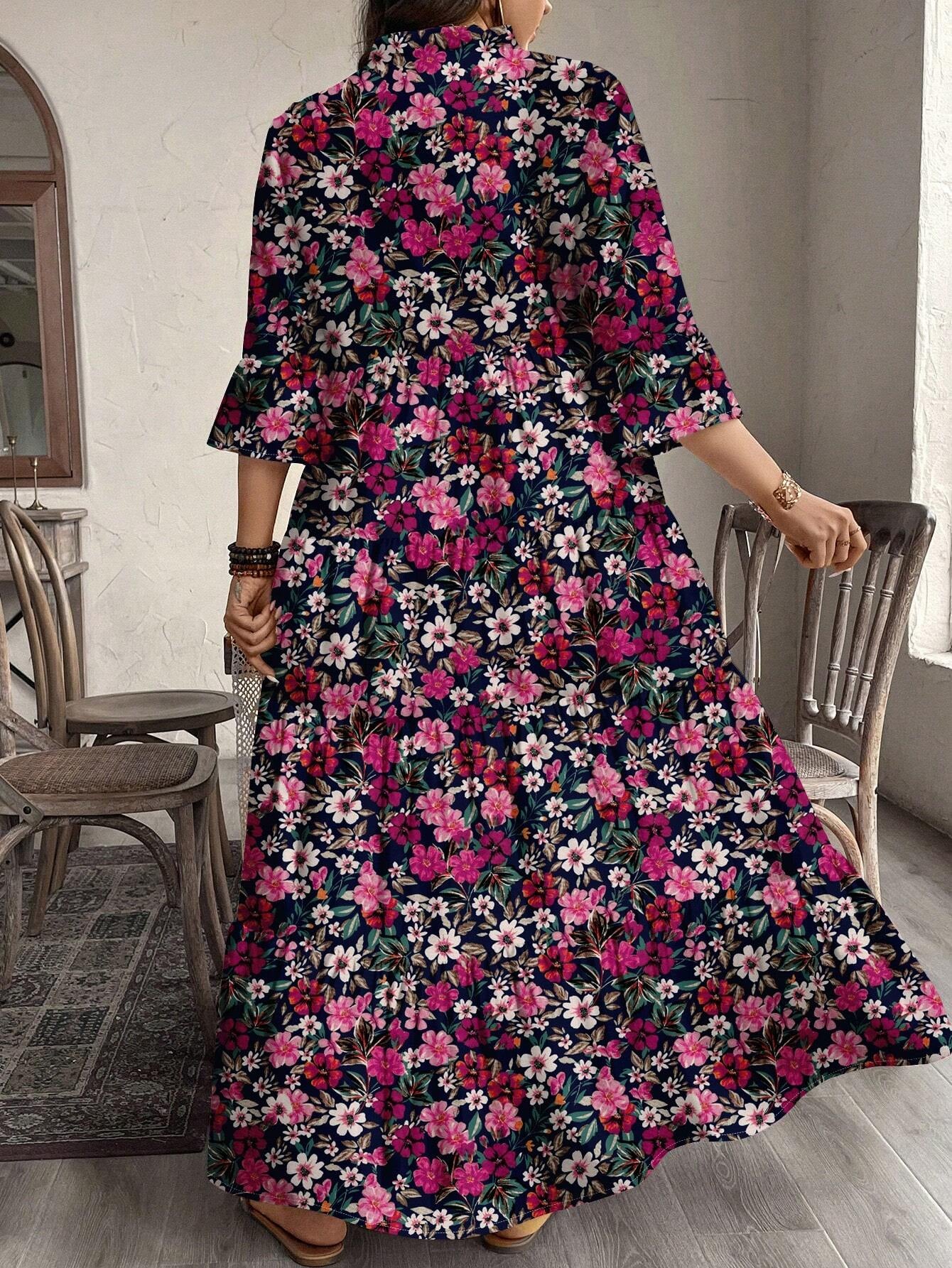 EMERY ROSE plus Size Women Casual Elegant Boho Style Floral Print Long Dress, Suitable for Autumn & Winter