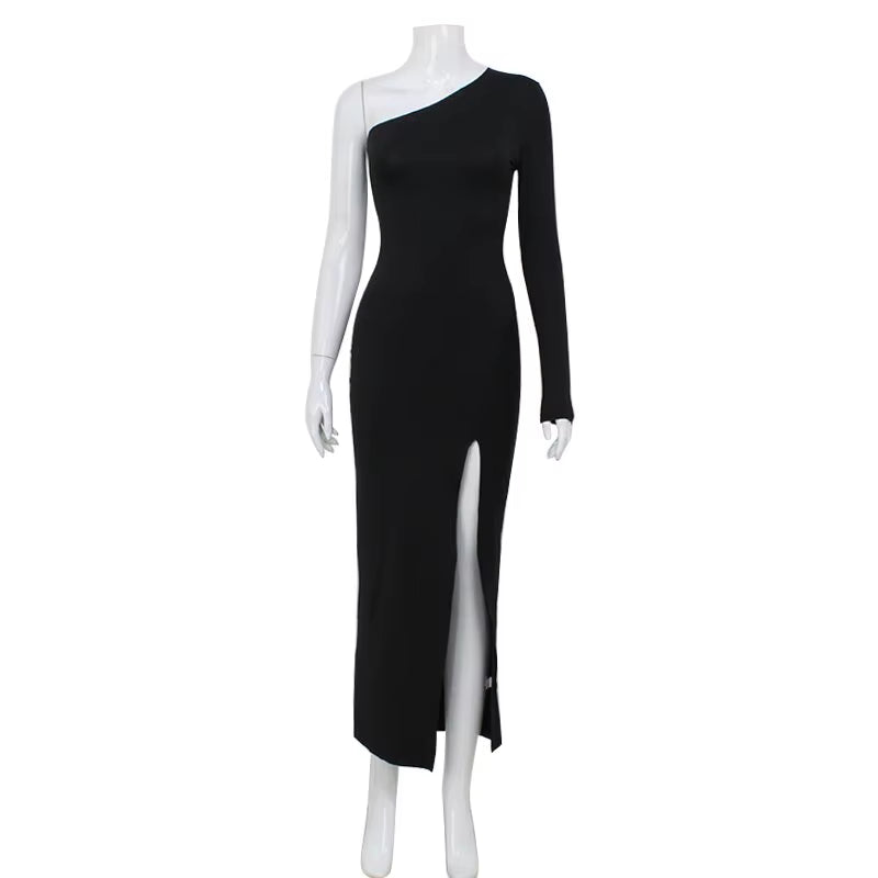 Party Fashion Sexy Solid Women Maxi Dresses One Shoulder Long Sleeve Regular Casual High Split Slim Sheath Vestidos Robe