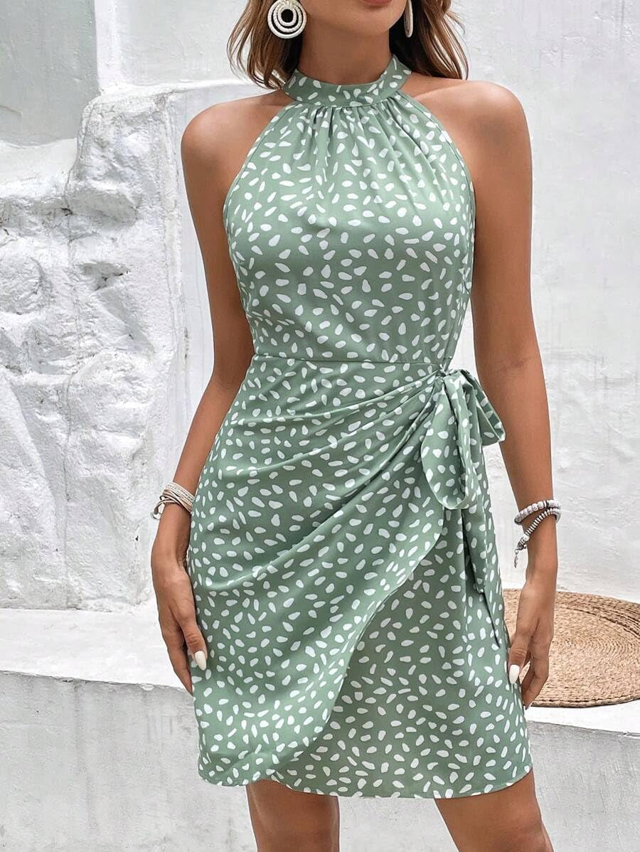 Women'S Summer Dress Dot Print Halter Dress Tie Waist Casual Dress Zipper Back Vacation Beach