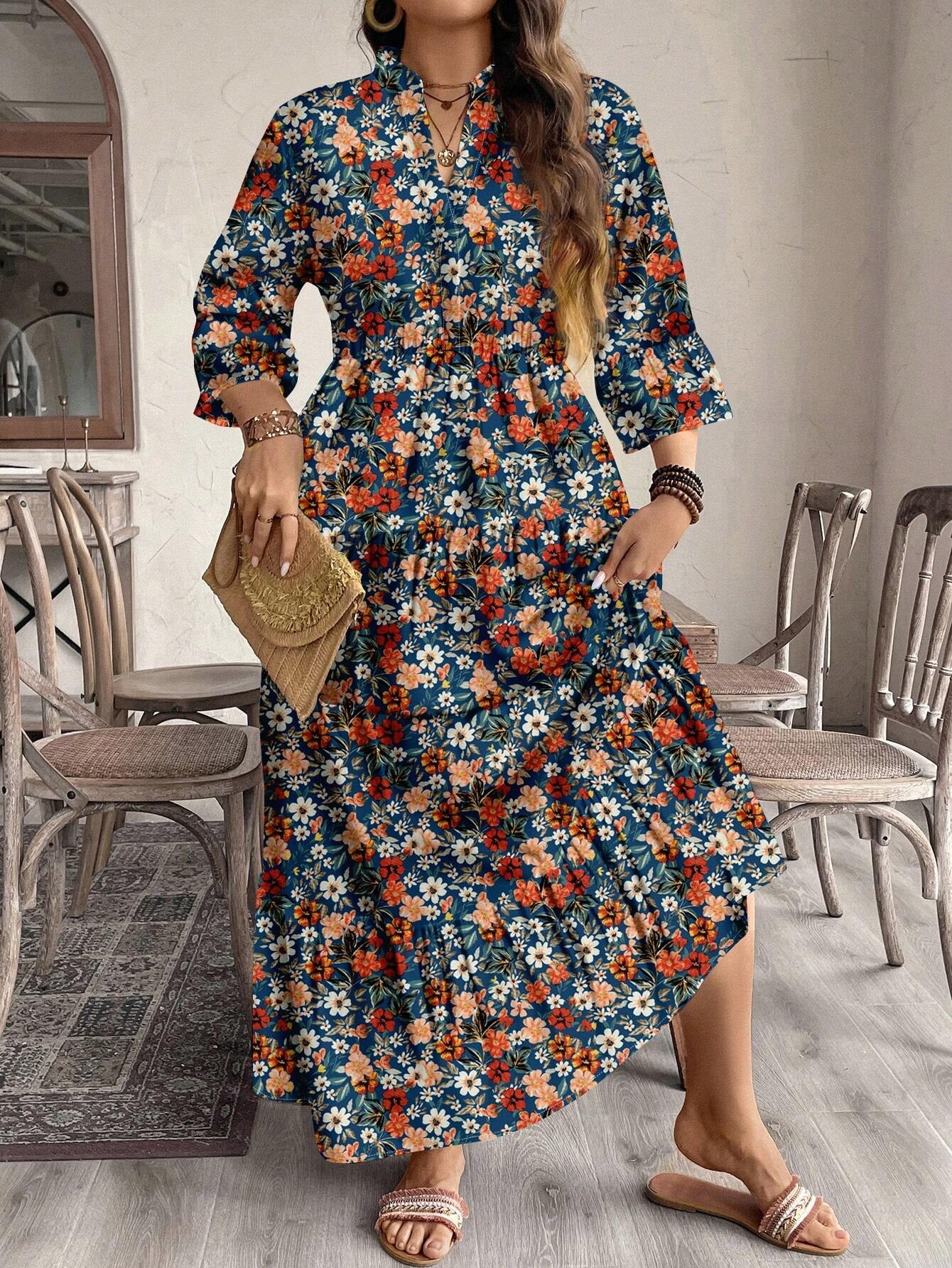 EMERY ROSE plus Size Women Casual Elegant Boho Style Floral Print Long Dress, Suitable for Autumn & Winter