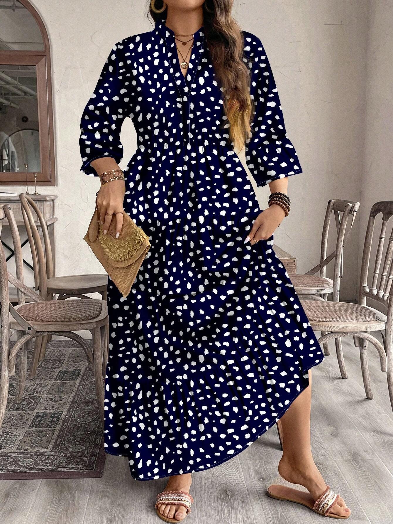 EMERY ROSE plus Size Women Casual Elegant Boho Style Floral Print Long Dress, Suitable for Autumn & Winter