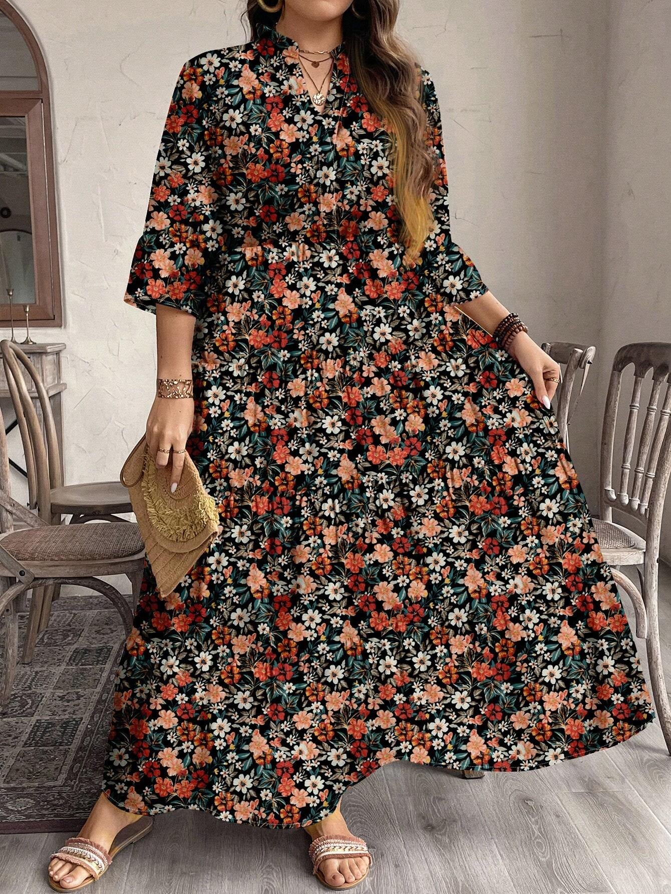 EMERY ROSE plus Size Women Casual Elegant Boho Style Floral Print Long Dress, Suitable for Autumn & Winter