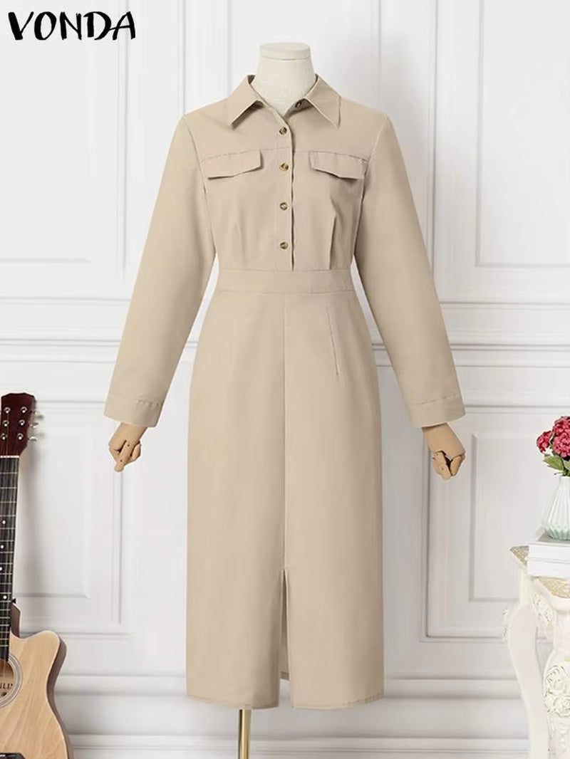 Office Dress Elegant Women Summer Long Sleeve Long Shirt Sundress Robe 2023 Fashion Dress Casual Solid Color Midi Vestidos