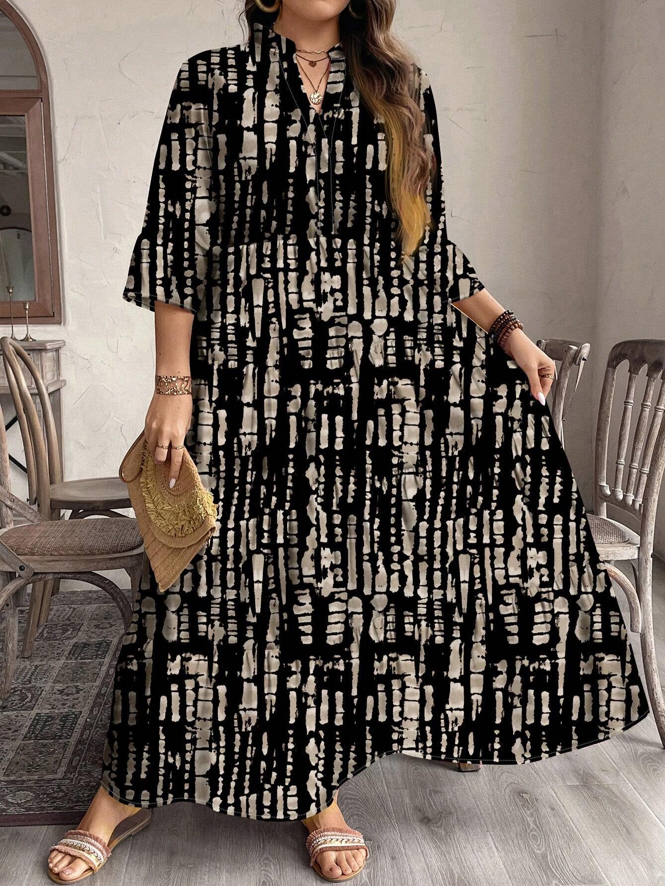EMERY ROSE plus Size Women Casual Elegant Boho Style Floral Print Long Dress, Suitable for Autumn & Winter