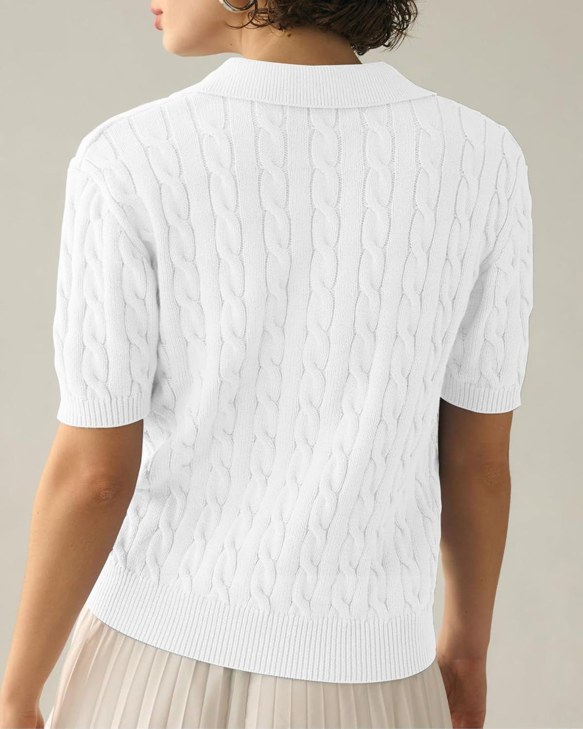 Women'S Cable Short Sleeve Sweaters Tops Solid Lapel V Neck Knit Casual Soft Pullover Shirt