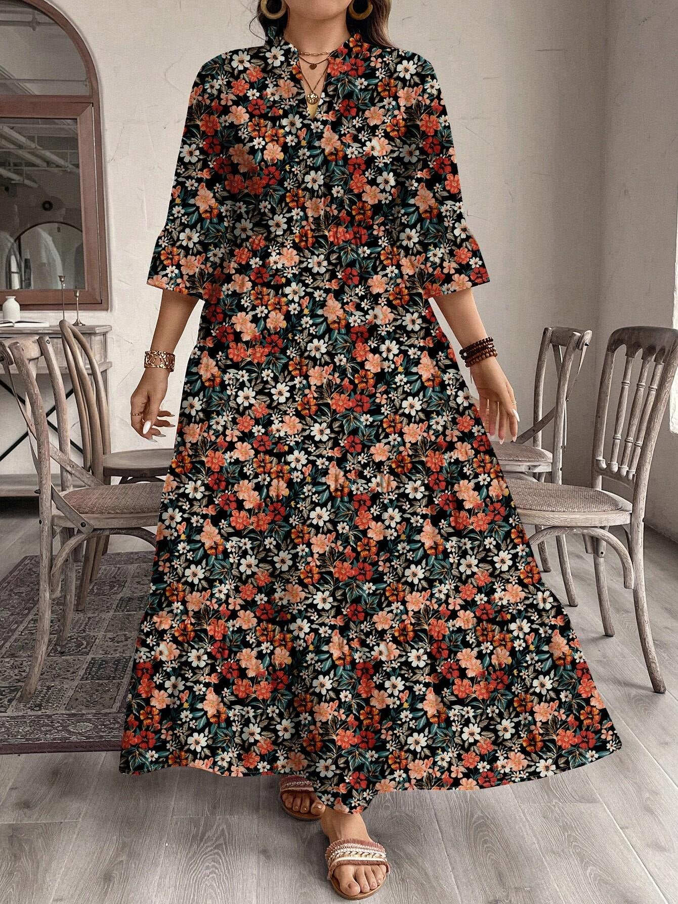 EMERY ROSE plus Size Women Casual Elegant Boho Style Floral Print Long Dress, Suitable for Autumn & Winter