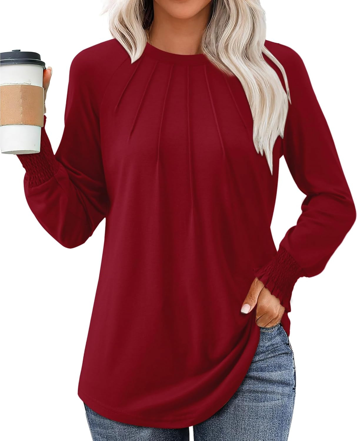 Women'S 2024 Fall Long Sleeve Tops Crewneck Pleated Shirts Puff Sleeve Loose Fitting Tunic Blouse Cute Tee