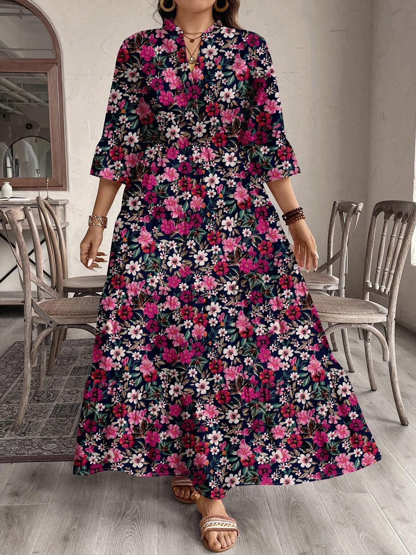 EMERY ROSE plus Size Women Casual Elegant Boho Style Floral Print Long Dress, Suitable for Autumn & Winter