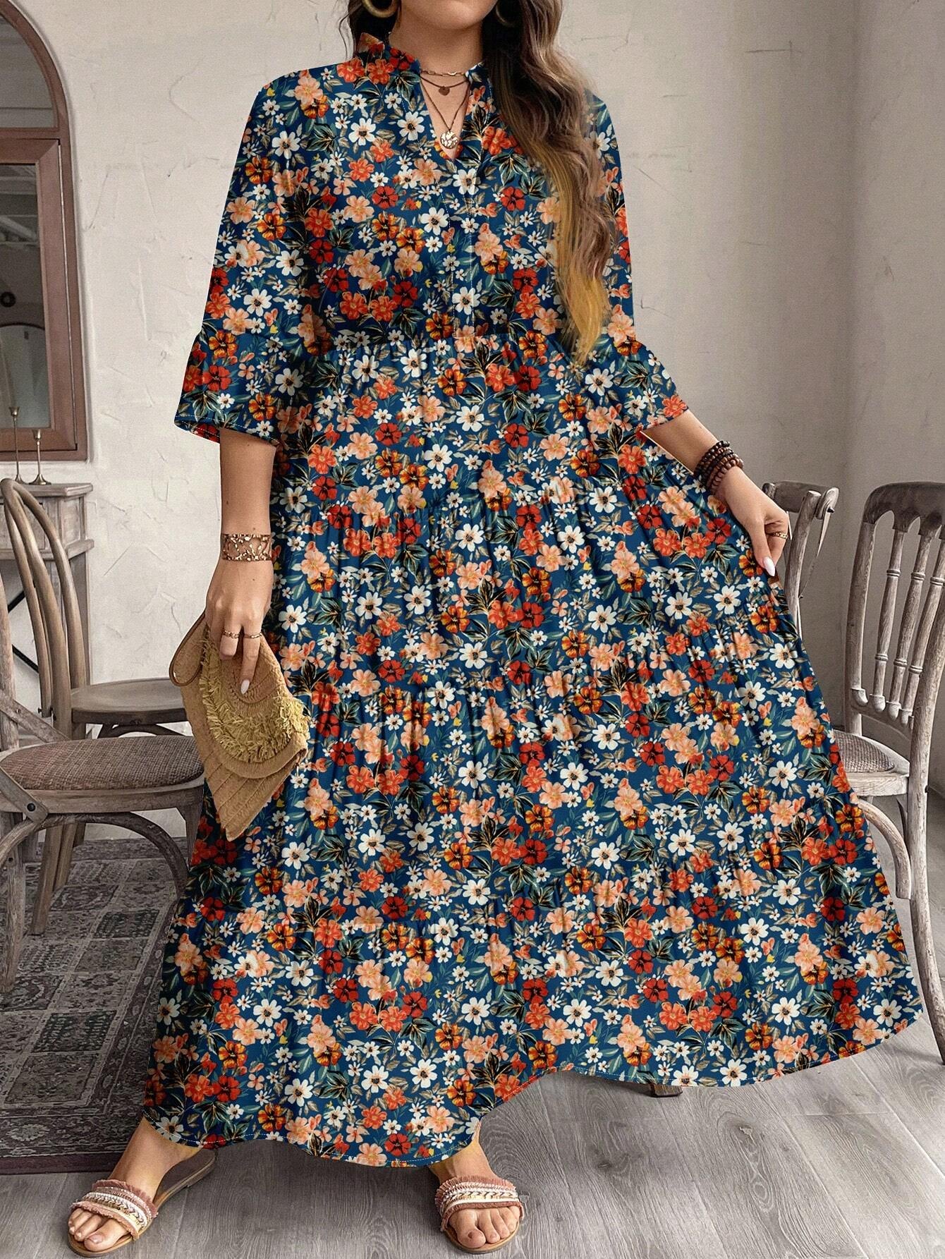 EMERY ROSE plus Size Women Casual Elegant Boho Style Floral Print Long Dress, Suitable for Autumn & Winter