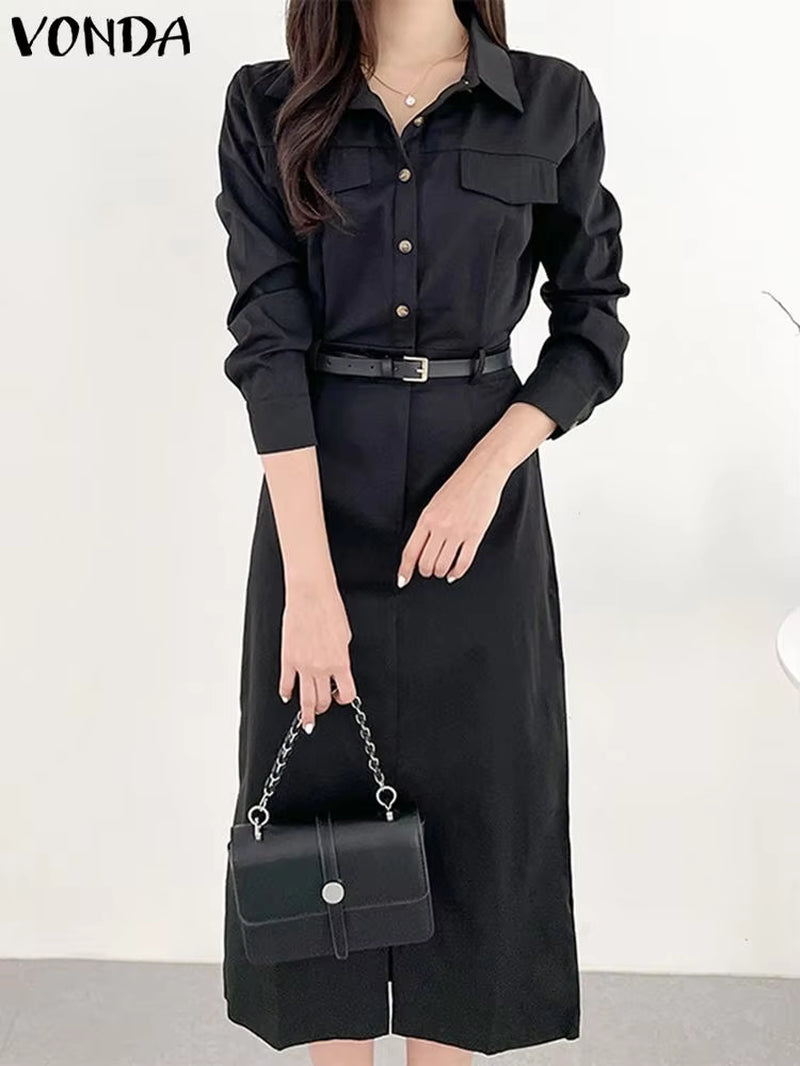 Office Dress Elegant Women Summer Long Sleeve Long Shirt Sundress Robe 2023 Fashion Dress Casual Solid Color Midi Vestidos