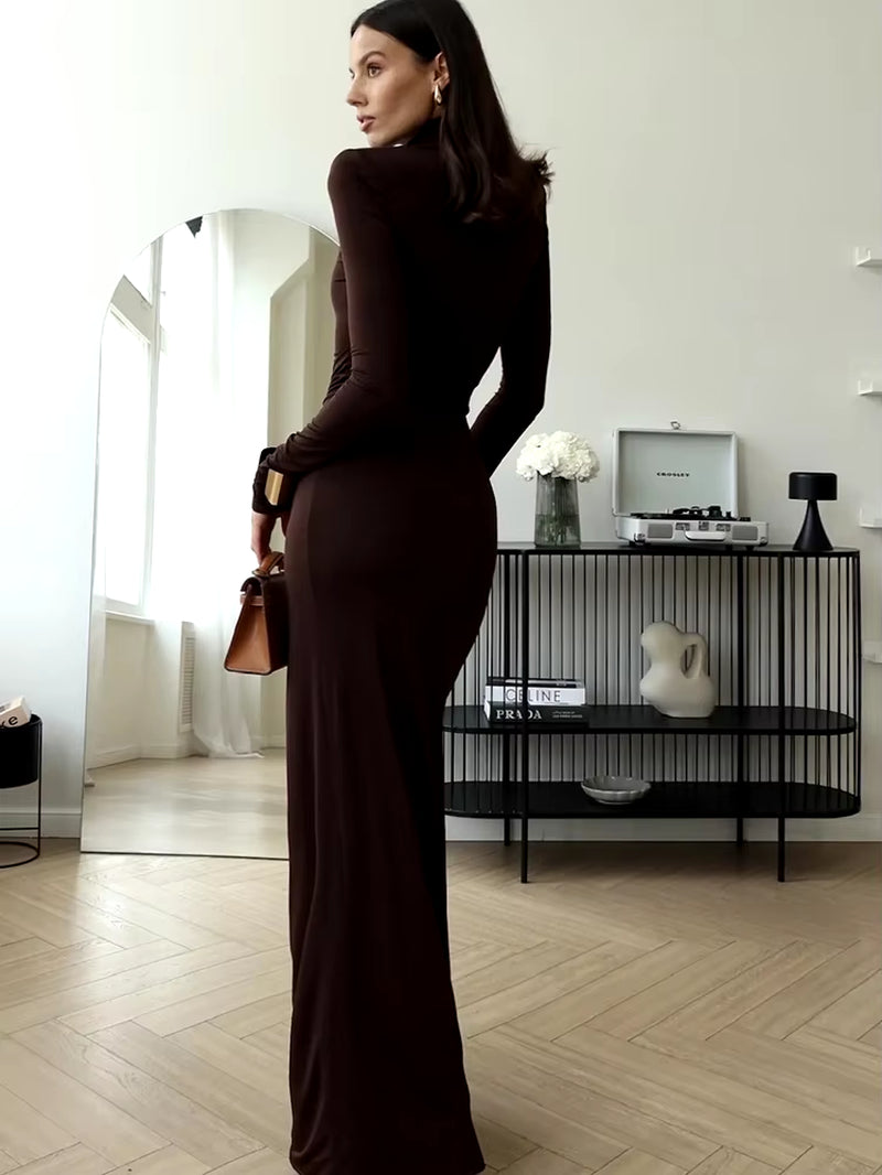 Sexy High Slit Bandage Women Long Dress Black Turtleneck Long Sleeve Dress Female Winter Slim Elegant Women Clothing