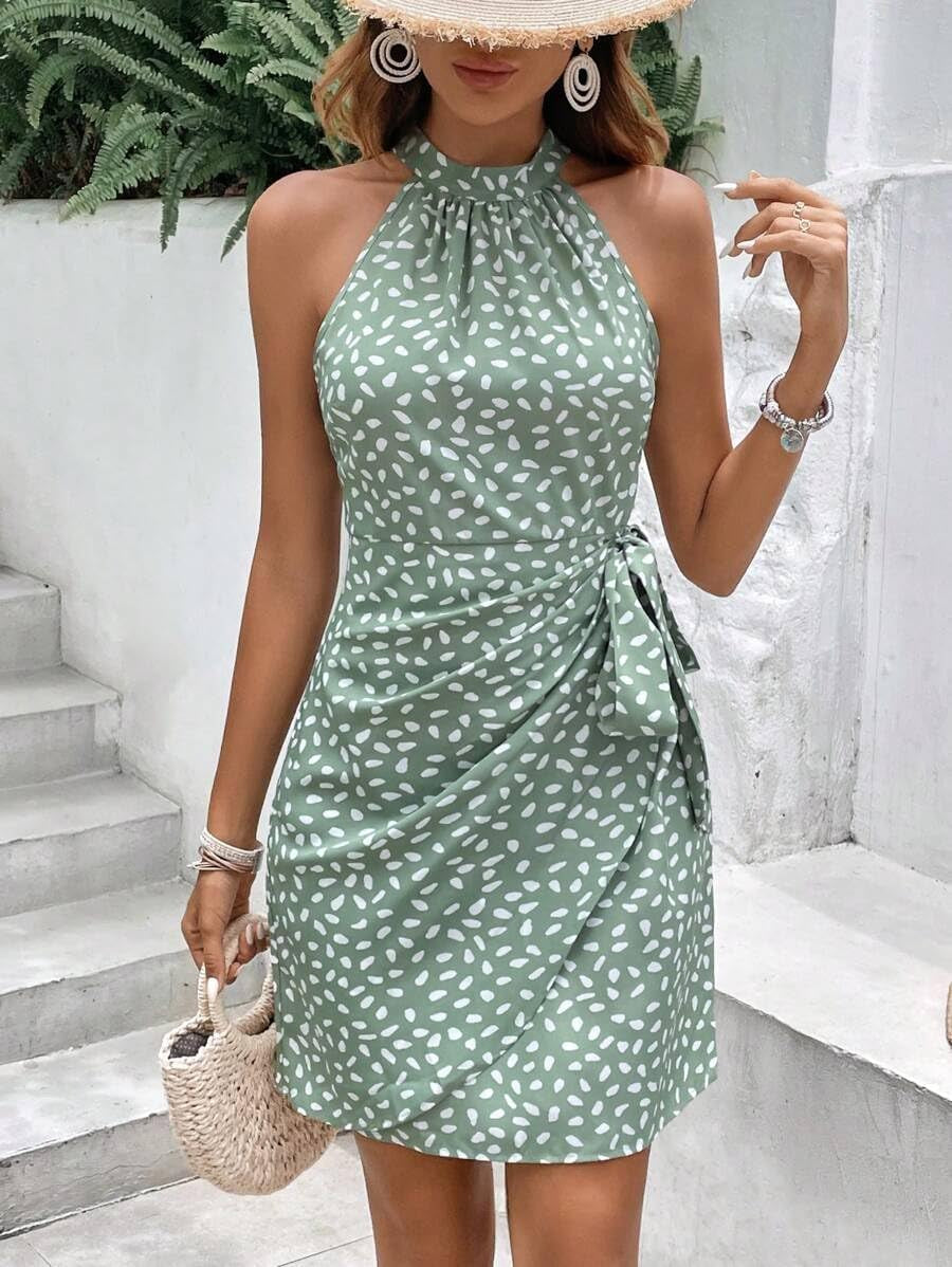 Women'S Summer Dress Dot Print Halter Dress Tie Waist Casual Dress Zipper Back Vacation Beach