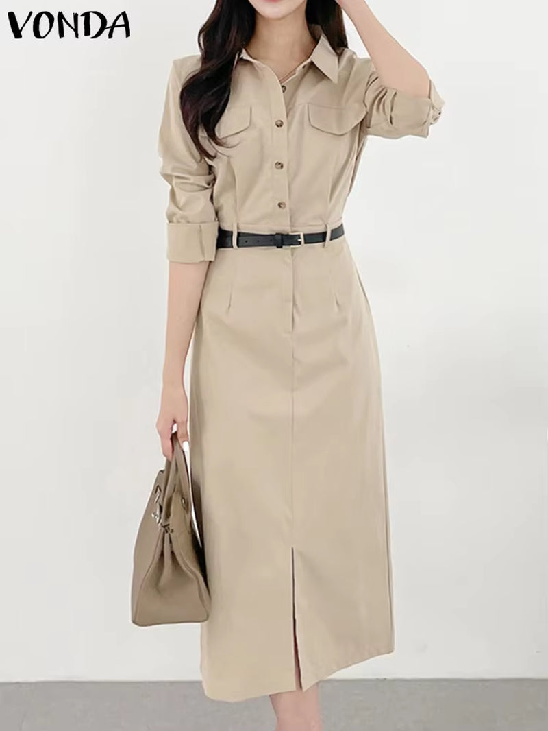 Office Dress Elegant Women Summer Long Sleeve Long Shirt Sundress Robe 2023 Fashion Dress Casual Solid Color Midi Vestidos
