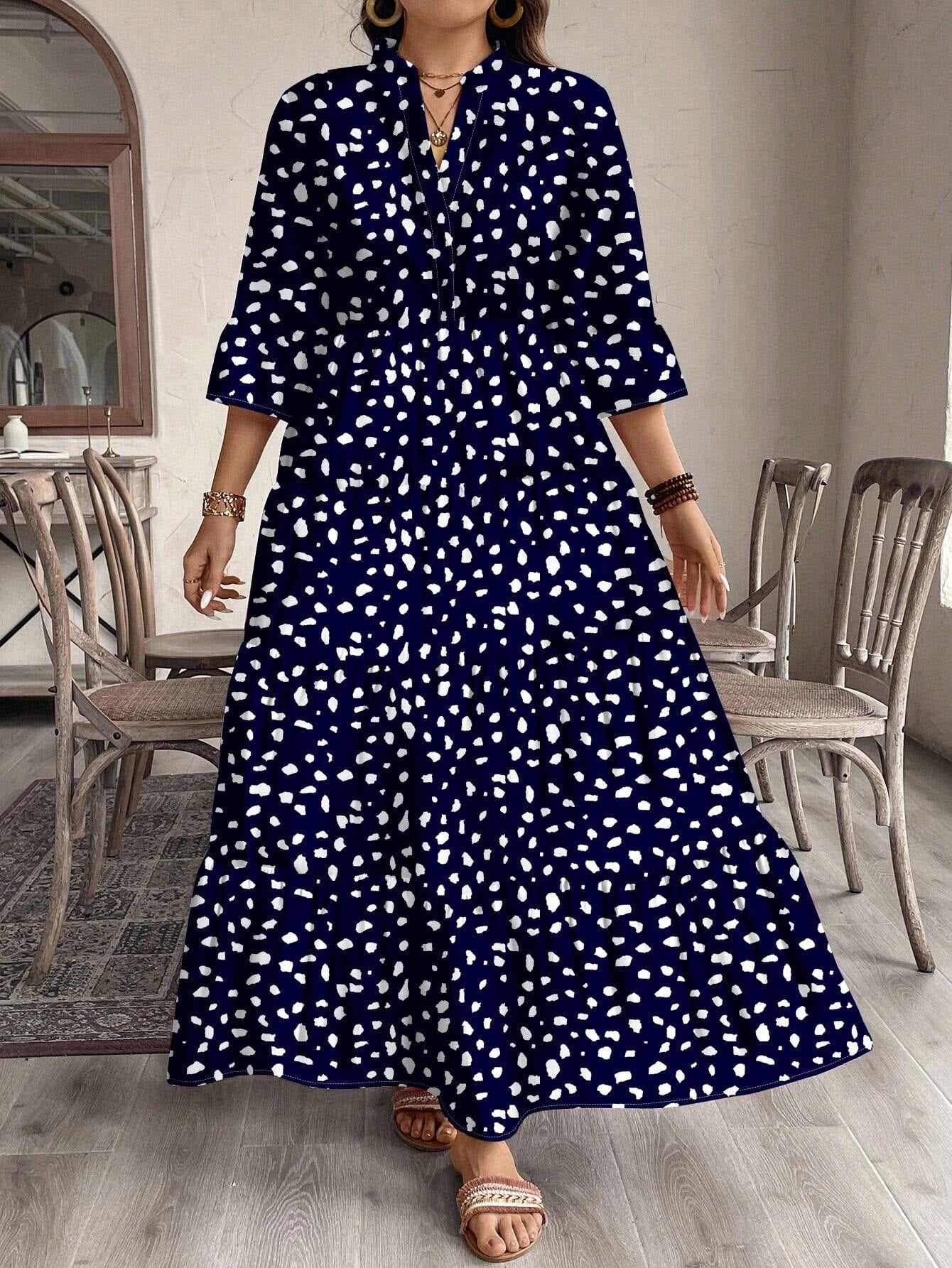 EMERY ROSE plus Size Women Casual Elegant Boho Style Floral Print Long Dress, Suitable for Autumn & Winter