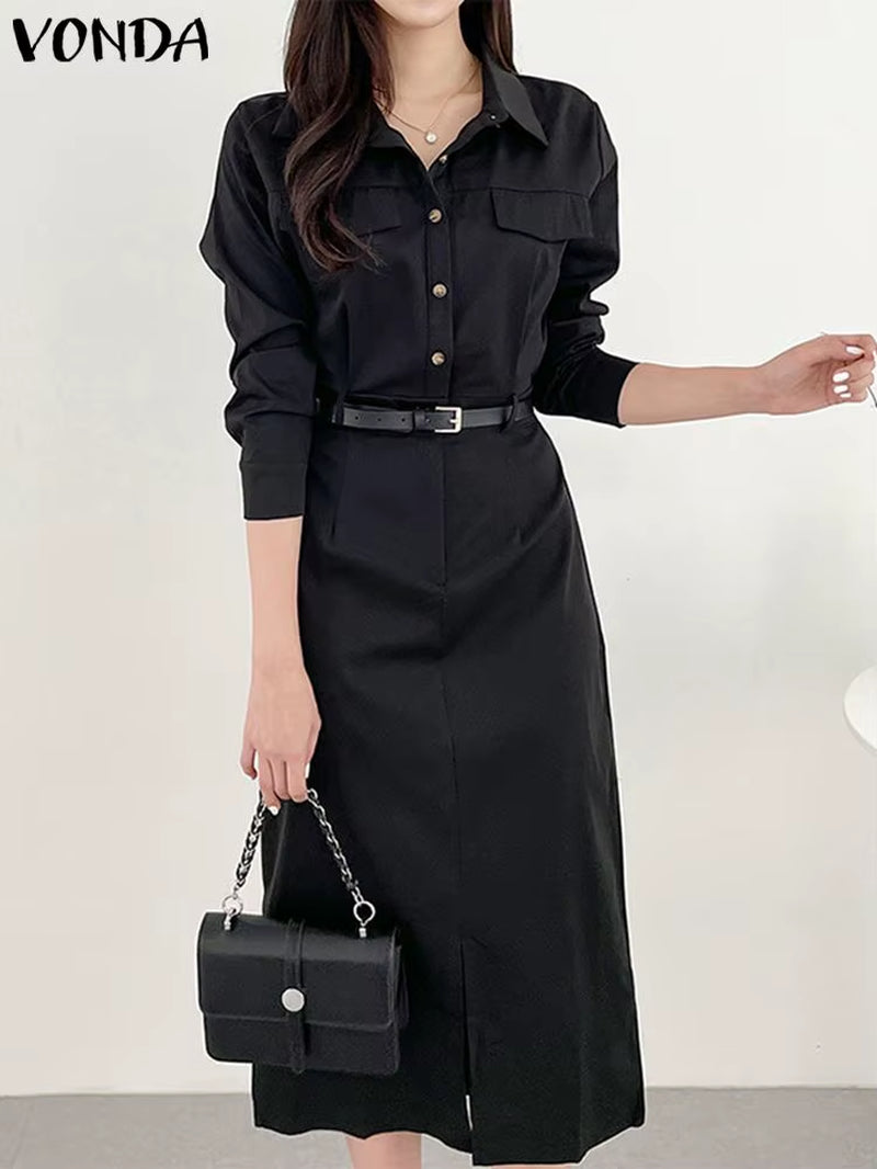 Office Dress Elegant Women Summer Long Sleeve Long Shirt Sundress Robe 2023 Fashion Dress Casual Solid Color Midi Vestidos
