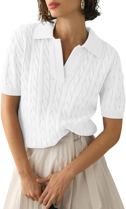 Women'S Cable Short Sleeve Sweaters Tops Solid Lapel V Neck Knit Casual Soft Pullover Shirt