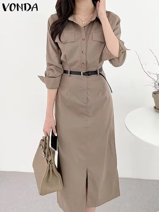 Office Dress  Elegant Women Summer Long Sleeve Long Shirt Sundress Robe 2023 Fashion Dress Casual Solid Color Midi Vestidos