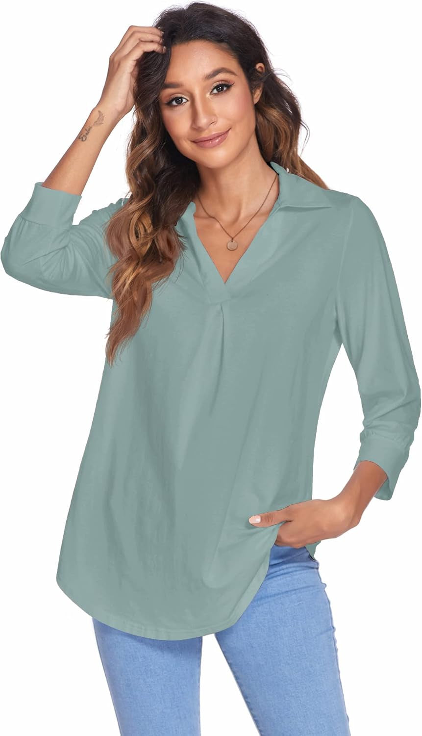 Womens Collared V Neck 3/4 Sleeve Shirts Business Casual Tops Loose Work Blouses (S-3XL)