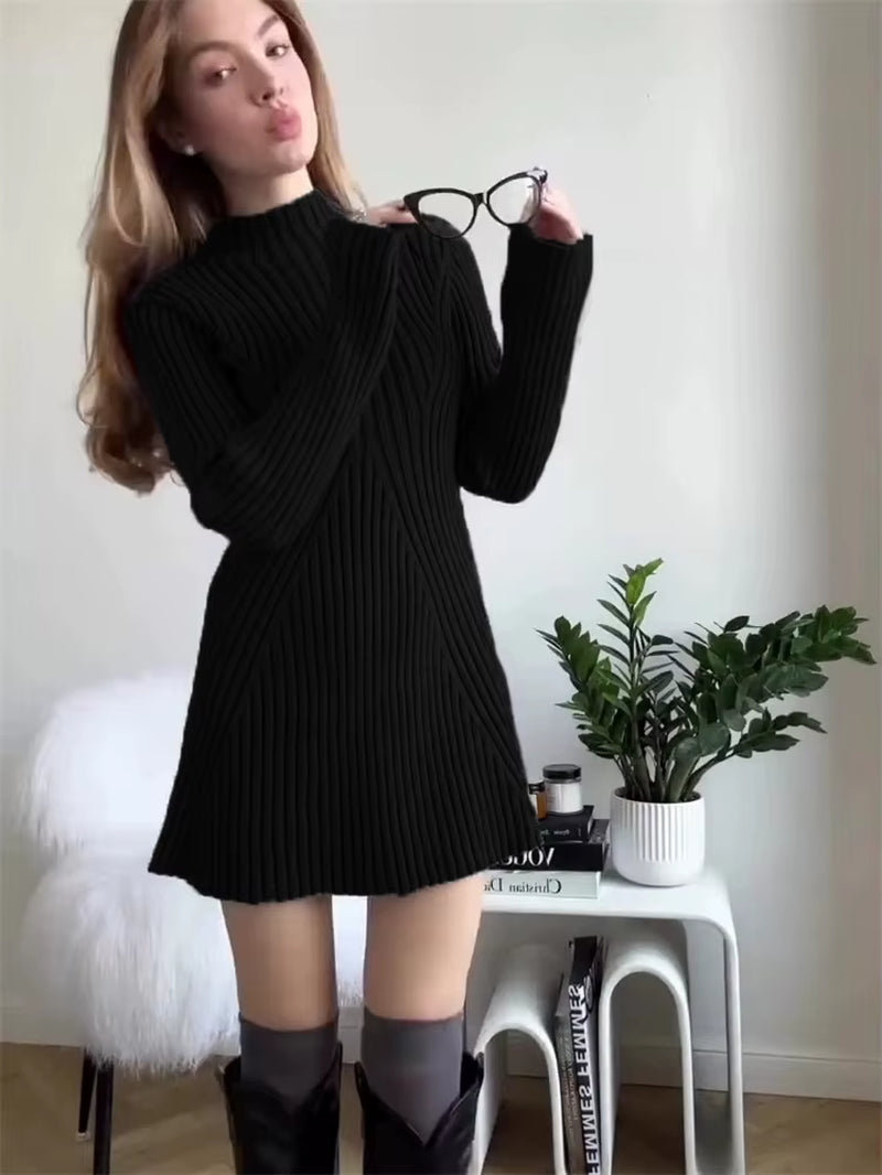 Elegant Knitted Mini Dress Women'S Ribbed Slim Long Sleeve Color Black White Dress Chic Party Knitwear Lady Office Outfits Winte