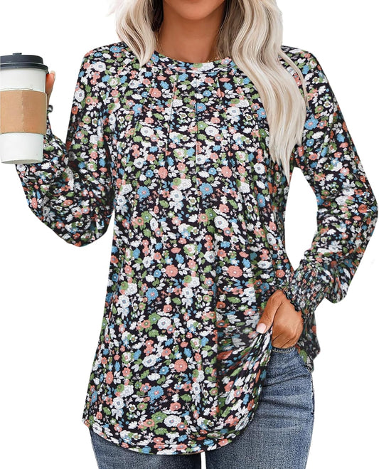 Women'S 2024 Fall Long Sleeve Tops Crewneck Pleated Shirts Puff Sleeve Loose Fitting Tunic Blouse Cute Tee