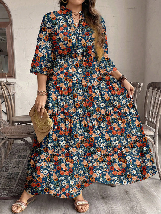EMERY ROSE plus Size Women Casual Elegant Boho Style Floral Print Long Dress, Suitable for Autumn & Winter