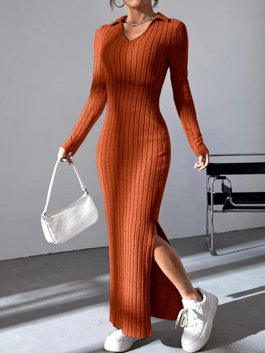 2024 Europe and the United States Autumn and Winter New Knitted Slim-Fit Lapel Long Sleeve Pit Strip Solid Color Tight Dress