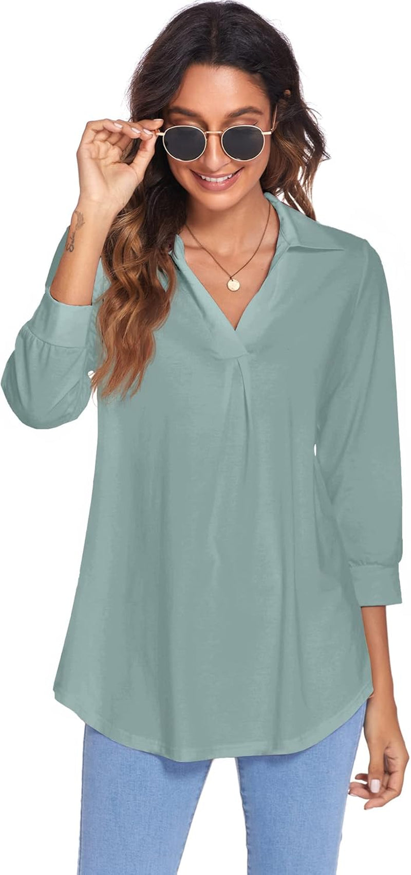 Womens Collared V Neck 3/4 Sleeve Shirts Business Casual Tops Loose Work Blouses (S-3XL)