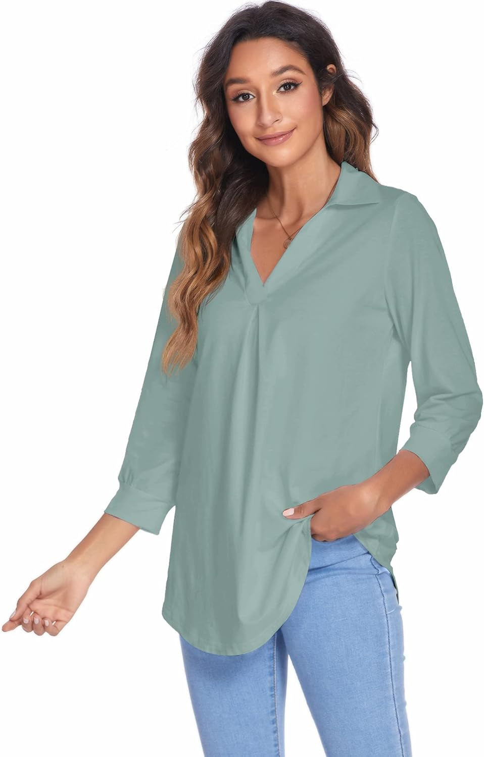 Womens Collared V Neck 3/4 Sleeve Shirts Business Casual Tops Loose Work Blouses (S-3XL)