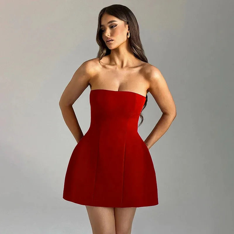 Sleeveless Sexy Strapless Mini Dress Solid Patchwork High Waist Summer Fashion Female Bodycon Plunge Vacation Dress New