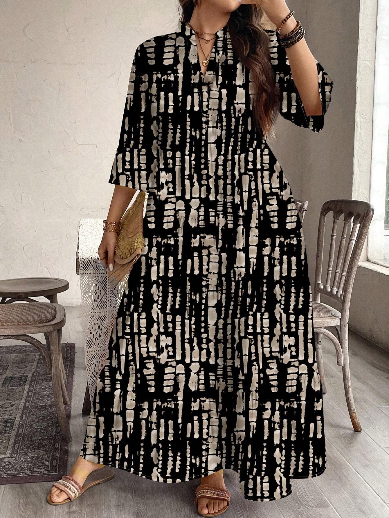 EMERY ROSE plus Size Women Casual Elegant Boho Style Floral Print Long Dress, Suitable for Autumn & Winter