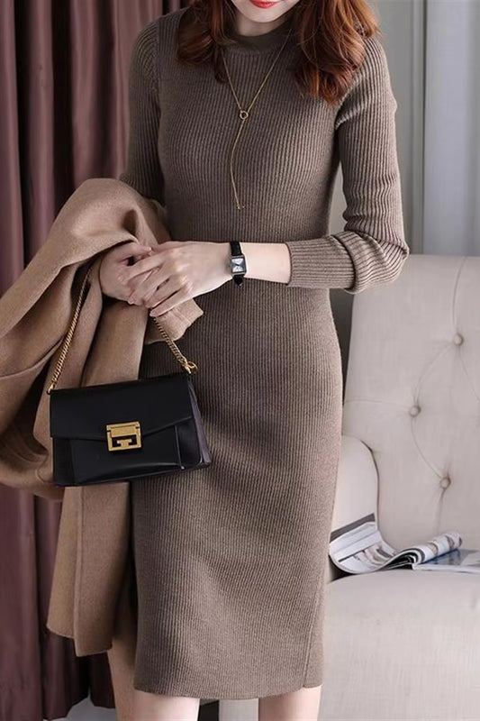 2023 Autumn/Winter Korean Version New round Neck Long Sleeve Dress Slim Fit and Fashion Solid Color Mid Length A-Line Dress